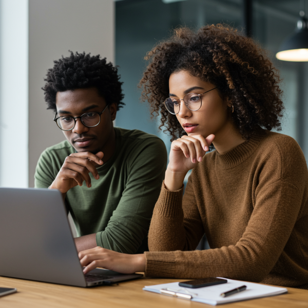 two people in front of a laptop
